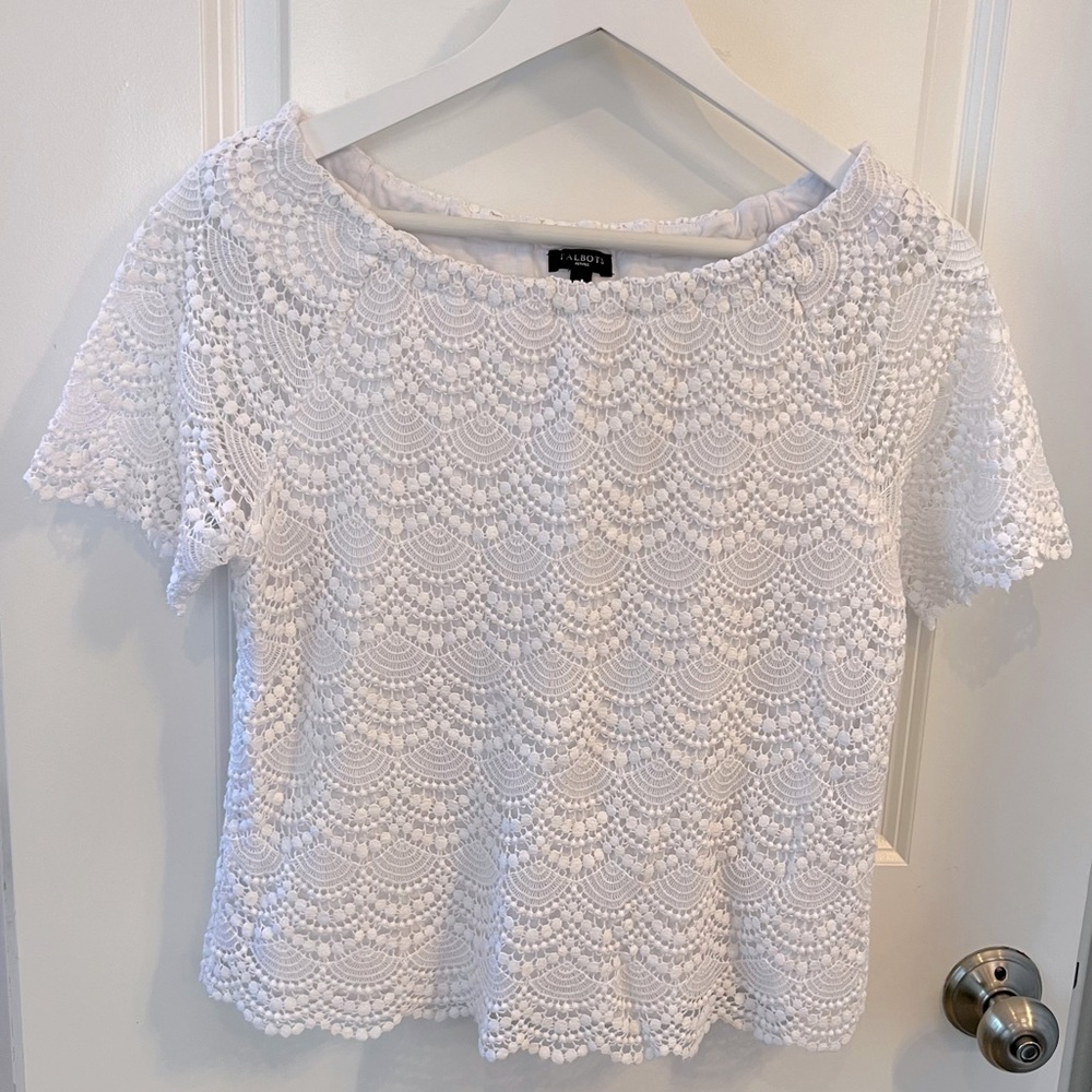 Talbots White 100% Cotton Overlay Cropped Lace Scallop Top Women MP